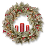 36In. Battery Operated Snowy Bristle Berry Wreath With Three Candle