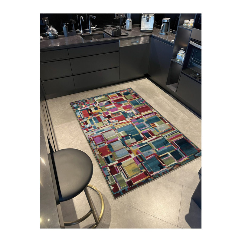 Dark Toned Multi Colored Mixed Shape Patterned Creative Modern Decorative Rug Machine Washable