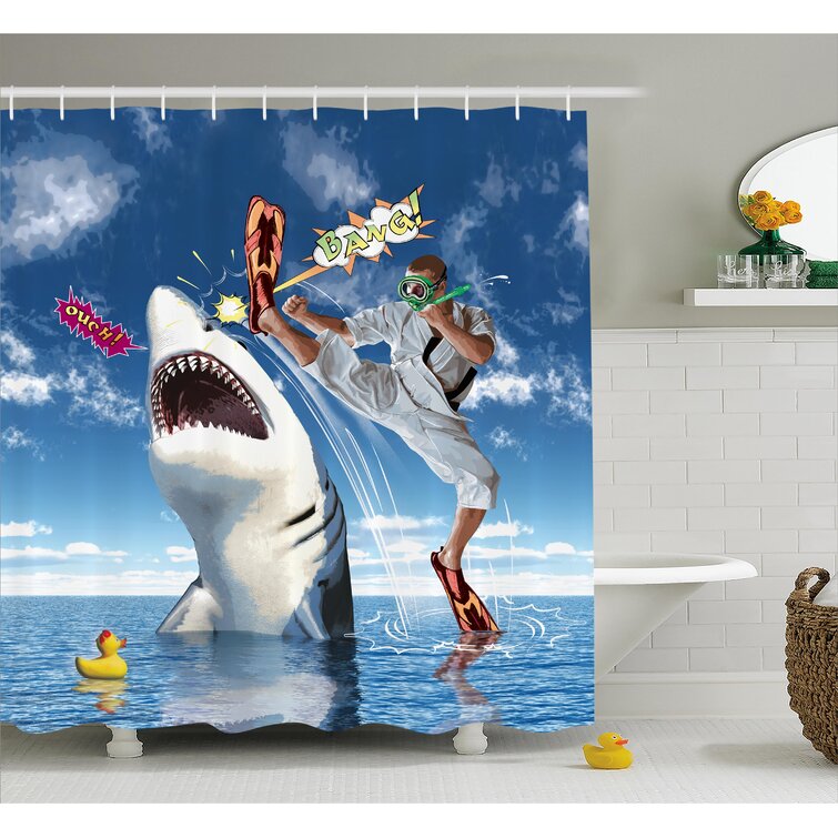 Sealife Shower Curtain by Ambesonne, Unusual Marine Navy Life Animals Fish Sharks with Karate Kid and Comics Balloon Art