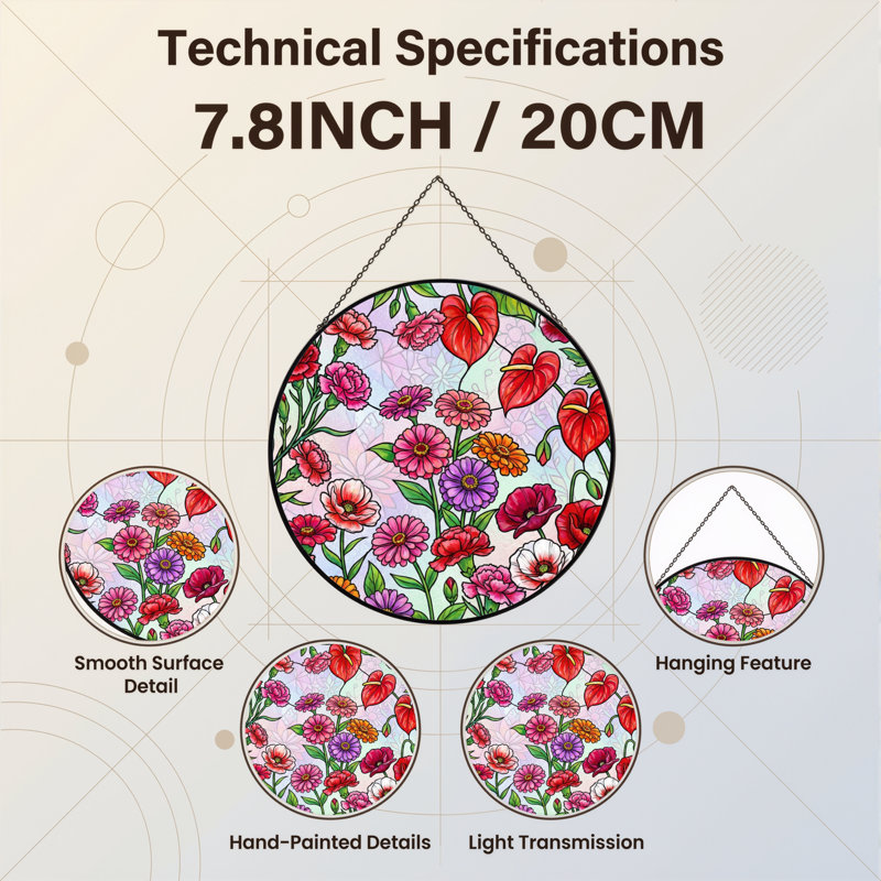 7.8"H Floral Pattern Stained Glass Window Panel, 7.8" H x 7.8" W