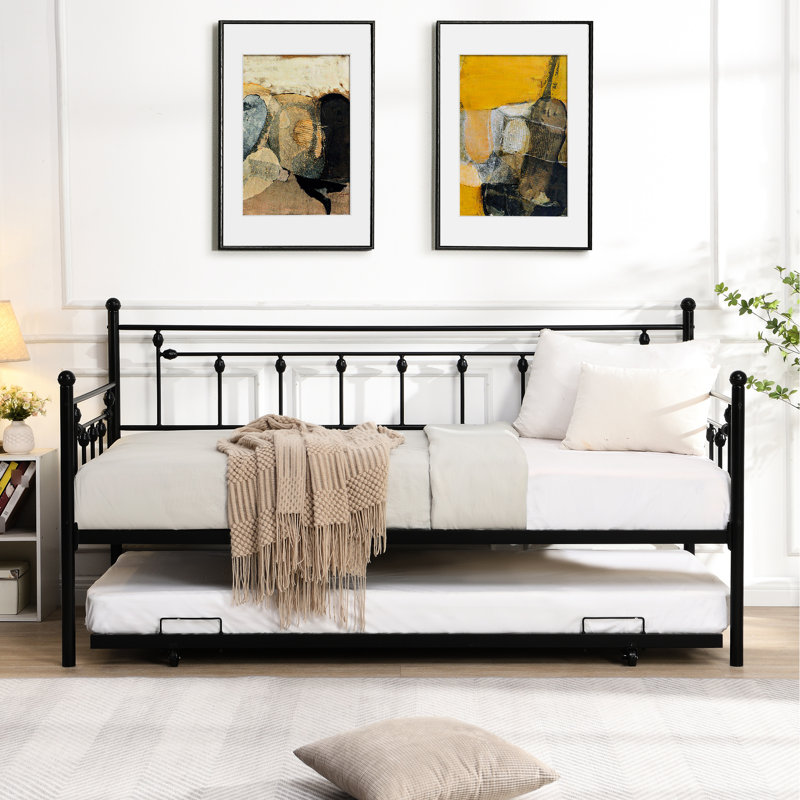 Lit de jour avec couchette en noir - Économisez de l'espace Design moderne, structure métallique solide pour la durabilité, calme et stable, assemblage facile inclus, aucun sommier requis, supporte une élégance de couleur de 250/350 lb,