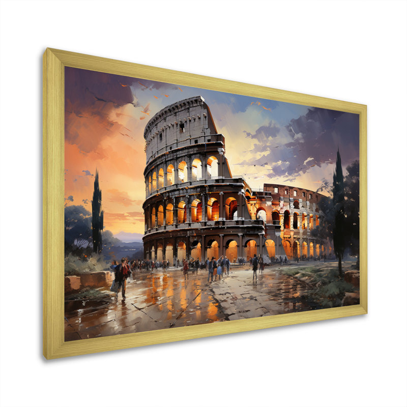 Beige, Italie, Colisée, Colosseo, sur toile, Cadre doré simple, H 34 po x l 44 po x P 1,5 po