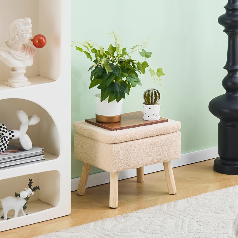 Petit tabouret d'appoint avec repose-pieds en bois, Beige