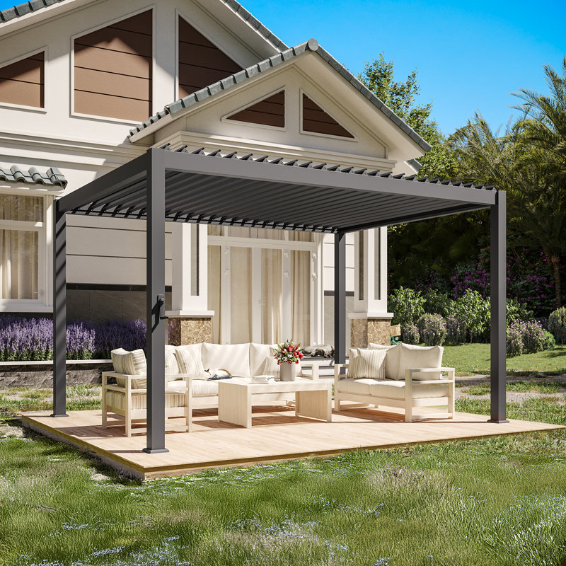 Pergola de patio à cadre en aluminium avec toit à persiennes réglable, 10 pi x 13 pi, Gris foncé