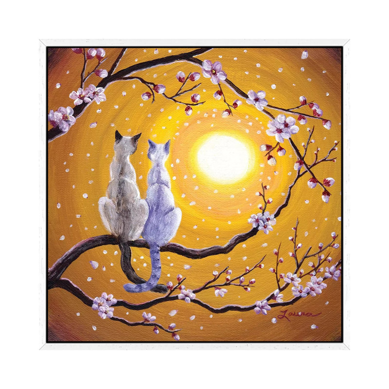 Siamese Cats Nestled In Golden Sakura by Laura Iverson - Painting on Canvas, White Floater Framed