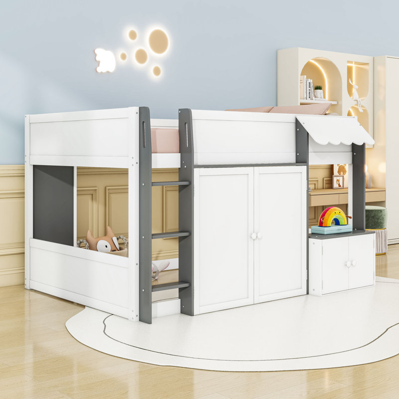Full Loft House Bed With Cabinet, Ladder And Guardrails, White Gray