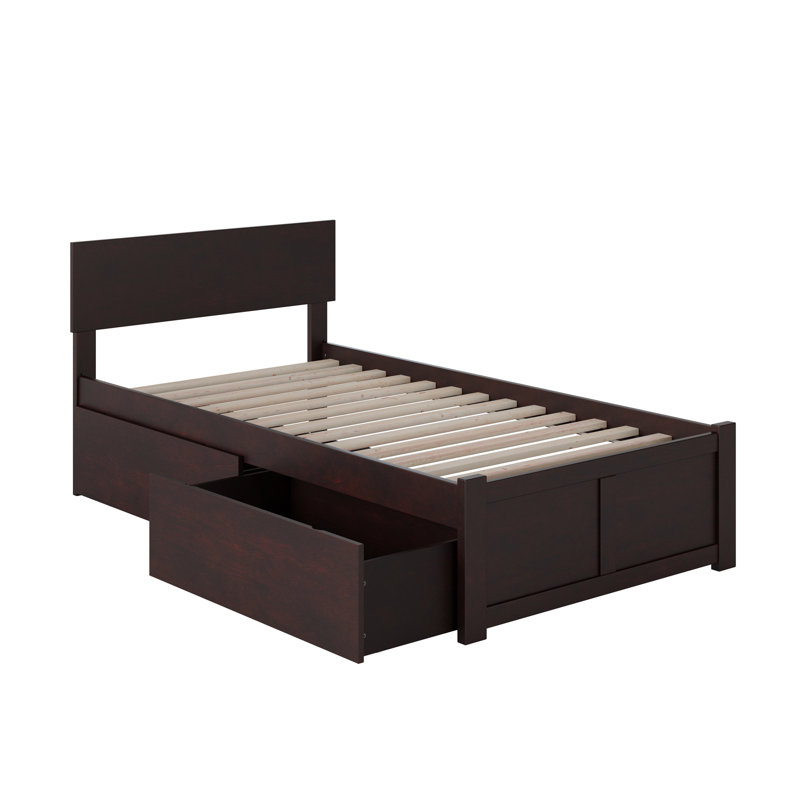 Lit plateforme en bois massif avec pied de lit et tiroirs de rangement Daurice, Simple TG, Espresso