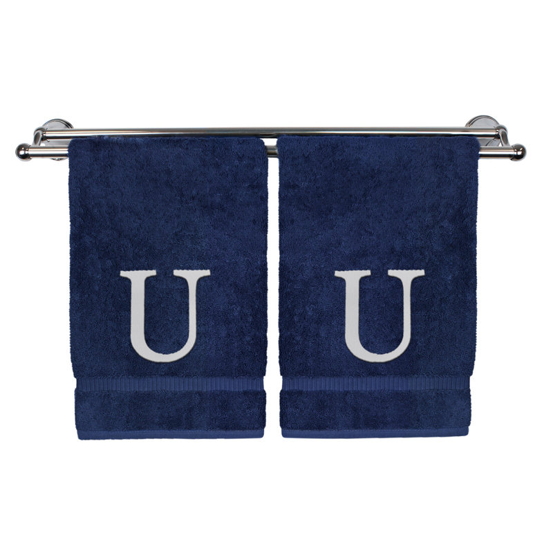 Essuie-mains monogrammés - ensemble de 2 - lettre bloc, Bleu marine/blanc, U