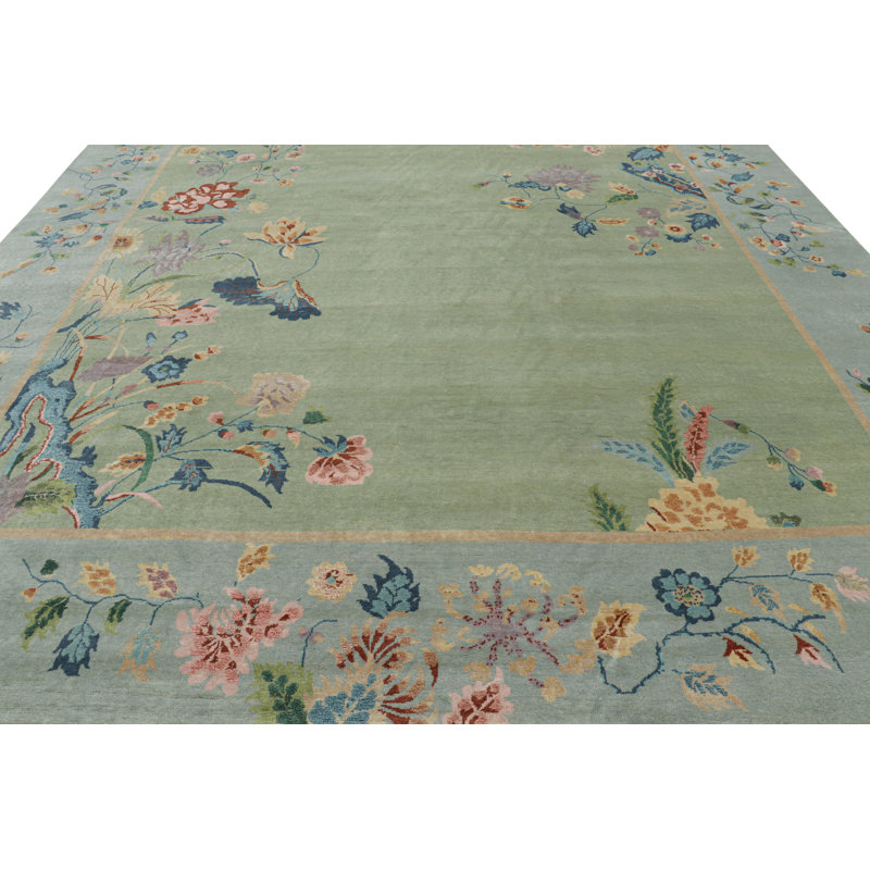 Rug & Kilim’S Oversized Chinese Art Deco Style Floral Rug In Green And Blue, Rectangle 11'7" x 15'4"
