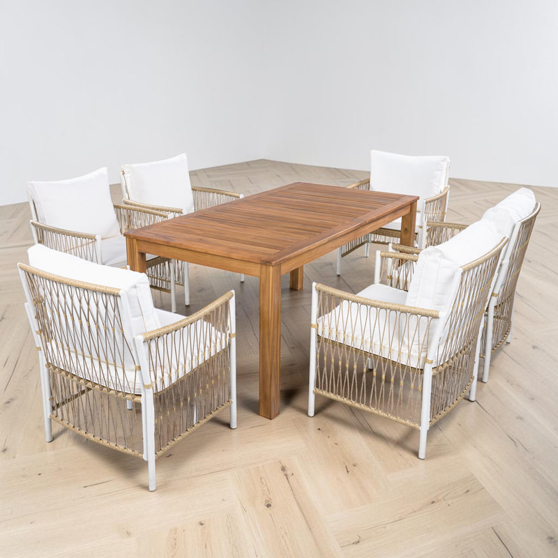 Ensemble de table de salle à manger pour 6 personnes, table en bois d'acacia, chaises en rotin, moderne contemporain, utilisation extérieure