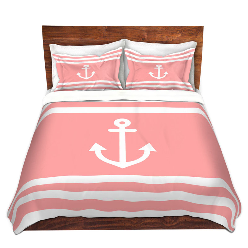 Ensemble de housse de couette anchor stripes, 1 housse + 2 taies très grand lit, Rose / blanc
