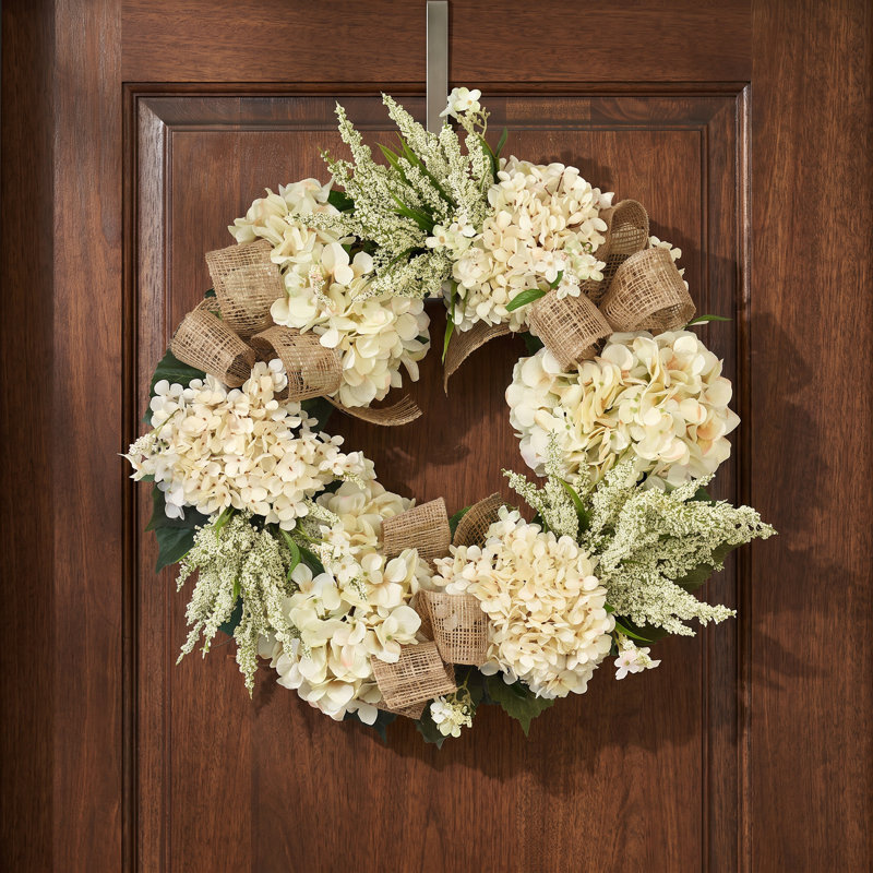 23" Hydrangea And Heather Wreath With Bows