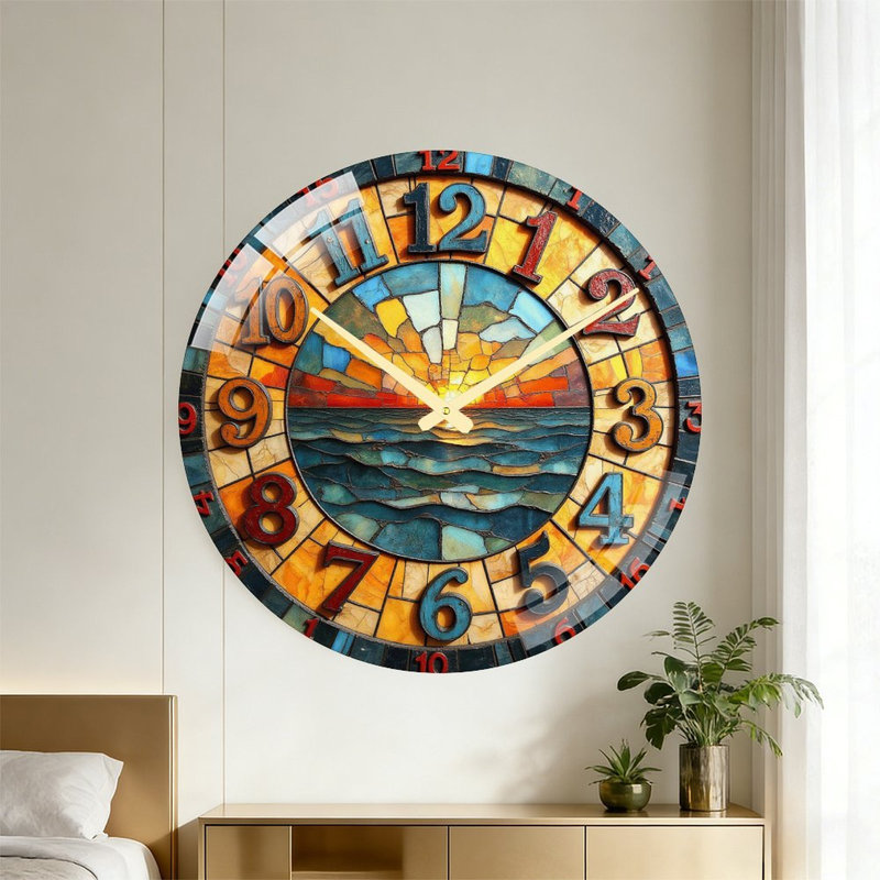 Horloge murale vitrail décoratif coucher de soleil océan - horloge murale 24 po