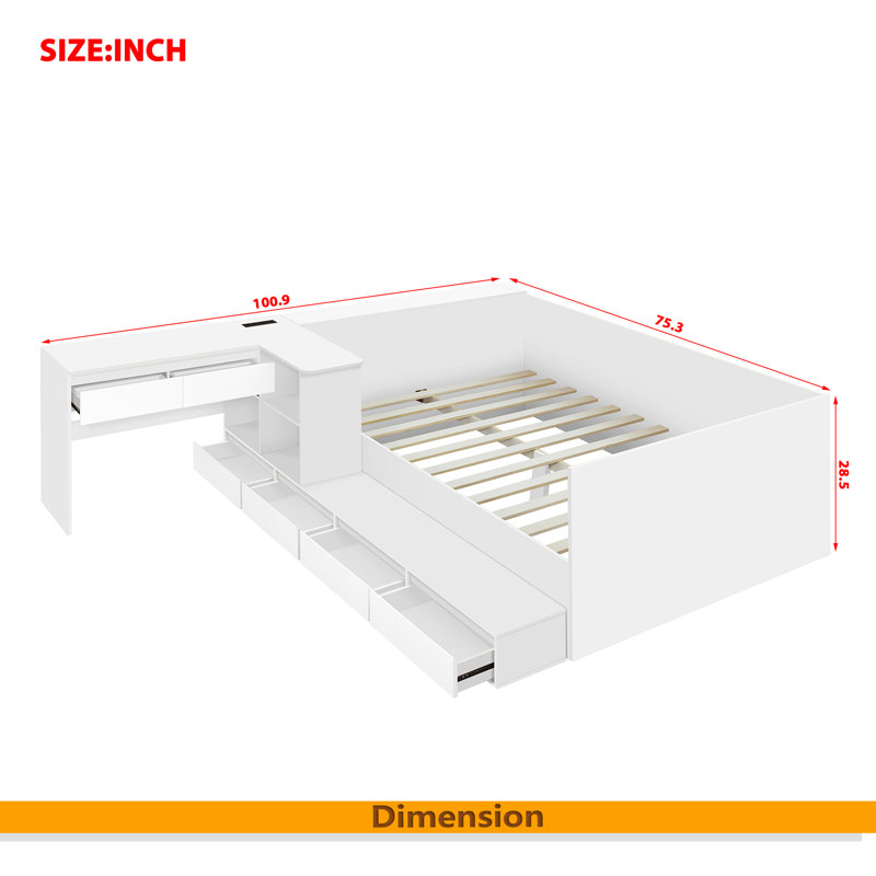 Lit plateforme double en bois avec 6 tiroirs, tablettes et coiffeuse, Blanc
