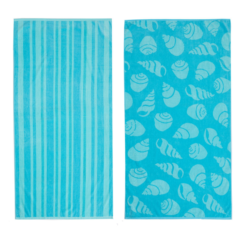 100% Cotton Jacquard Printed 2 Pack Beach Towels, Turquoise/Teal Shell & Stripe