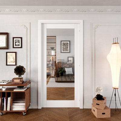 Interior 1‑Lite Clear Glass Door, Solid Core Primed Single Slab Door with SGCC Certified Tempered Clear Glass, Pre‑Finished & Easy DIY Satin, w/o Hardware, Pantry, Bedroom, Bathroom & Closet, for Prehung, French & Pocket Door, 36"x 80"