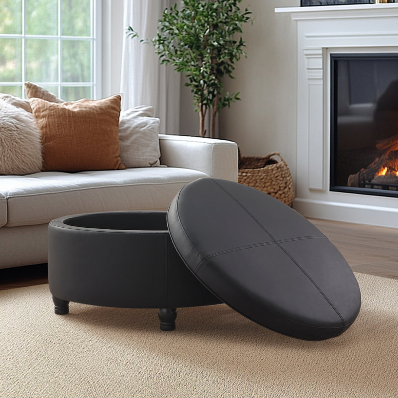 Duanys Faux Leather Upholstered Round Storage Ottoman, Black