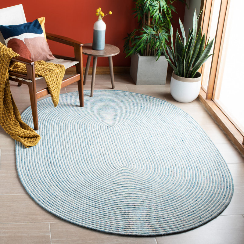 Tapis bleu / ivoire en laine et coton tissé à la main Mccabe, Ovale 6 pi x 9 pi