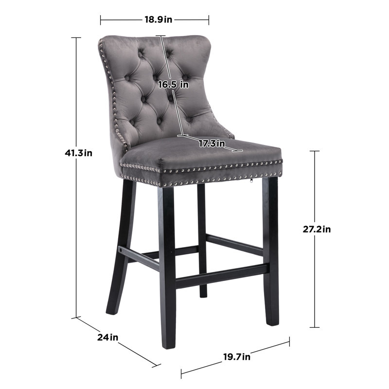 Upholstered Tufted Wingback Velvet Counter Bar Stool (Set of 4), Black, Gray