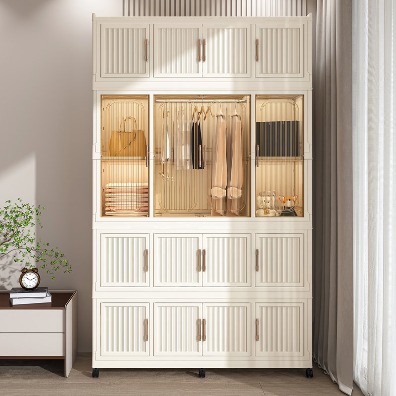 Armoire portative 17 cubes - garde-robe blanc crème avec portes magnétiques, tringle suspendue et 6 cintres