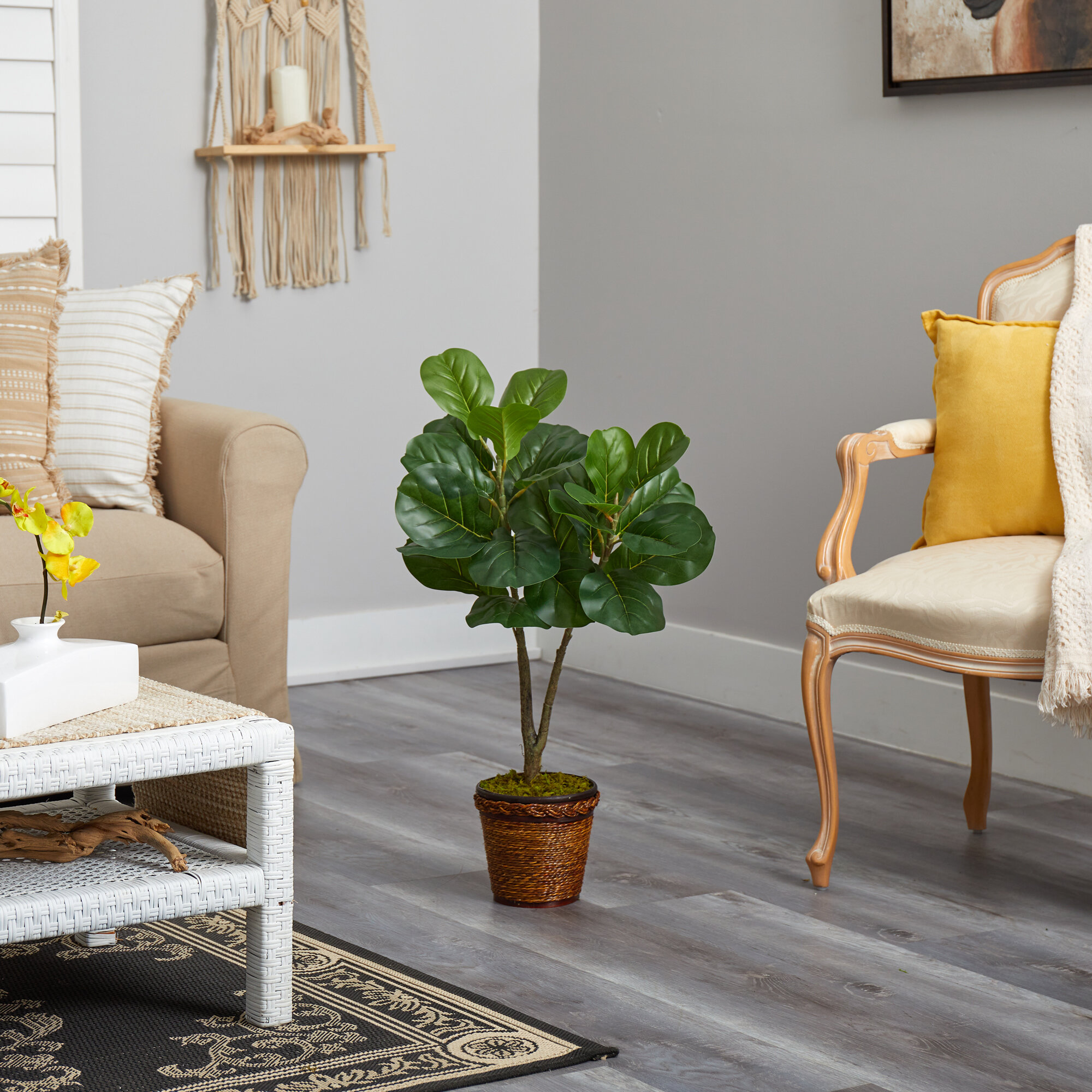 Primrue 33'' Faux Fiddle Leaf Fig Tree in Wood Basket | Wayfair