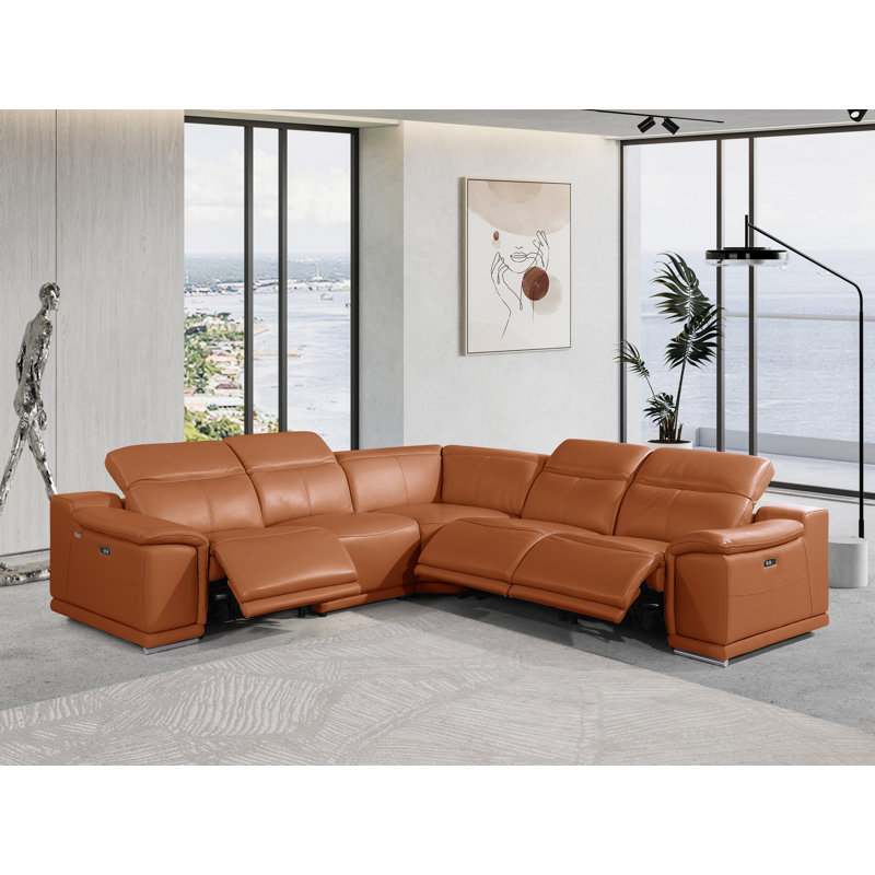 Crasia 5 Piece Top Grain Italian Leather Reclining Sectional, Camel Genuine Leather