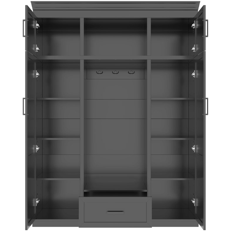 85.2''H 3-In-1 Hall Tree With Bench And Drawer, Modern Entryway Bench With 3 Hooks And Adjustable Shelves, Farmhouse Mudroom Entryway Coat Rack With Multiple Storage Space For Hallway, Entryway, Living Room, Black