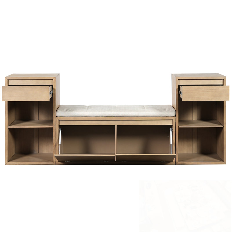 Storage Bench with Cushion, Compartments, Drawers and Open Shelves, Brown