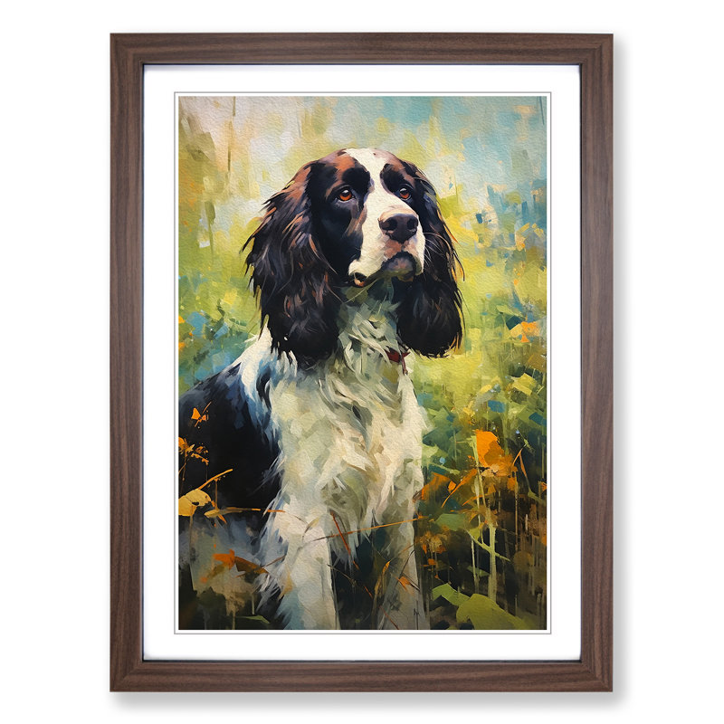 English Springer Spaniel Impressionism - Single Picture Frame Print on Wood, 64cm H x 46cm W x 2cm D, Walnut