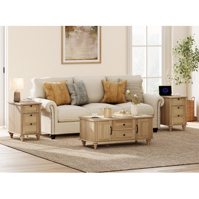 3 Piece Living Room Table Set - Including One Coffee Table & Two Rattan Side Tables, Oak by Alcott Hill