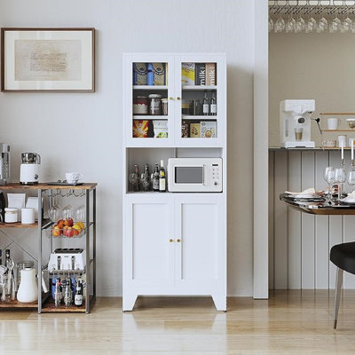 Armoire de cuisine de 69 po de hauteur avec portes en verre, support pour micro-ondes et tablettes réglables (verre)