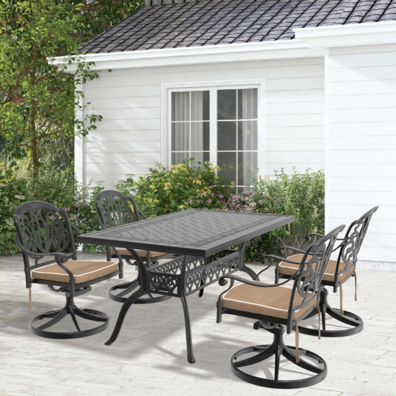 5-Piece All-Weather Cast Aluminum Dining Set, Include 4 Swivel Chairs And Rectangular Table With Frame