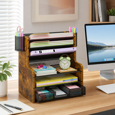 Organisateur de bureau en filet à 6 niveaux avec tiroir et rangement de bureau en bois