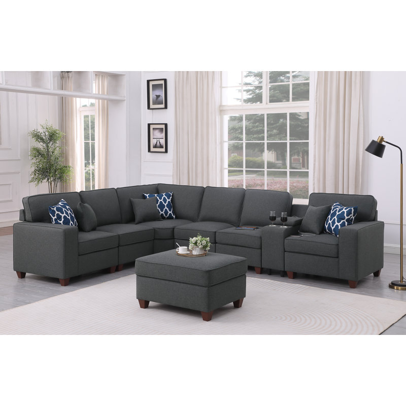 Bracken 136.25" Wide Left Hand Facing Modular Corner Sectional with Ottoman, Dark Gray Linen Blend