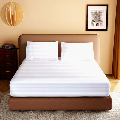Luxury Cotton Sateen Fitted Sheet - 600 TC, Hotel Quality Soft Elastic Bottom Sheet, Deep Pocket Single Sheet for Home, White Stripe