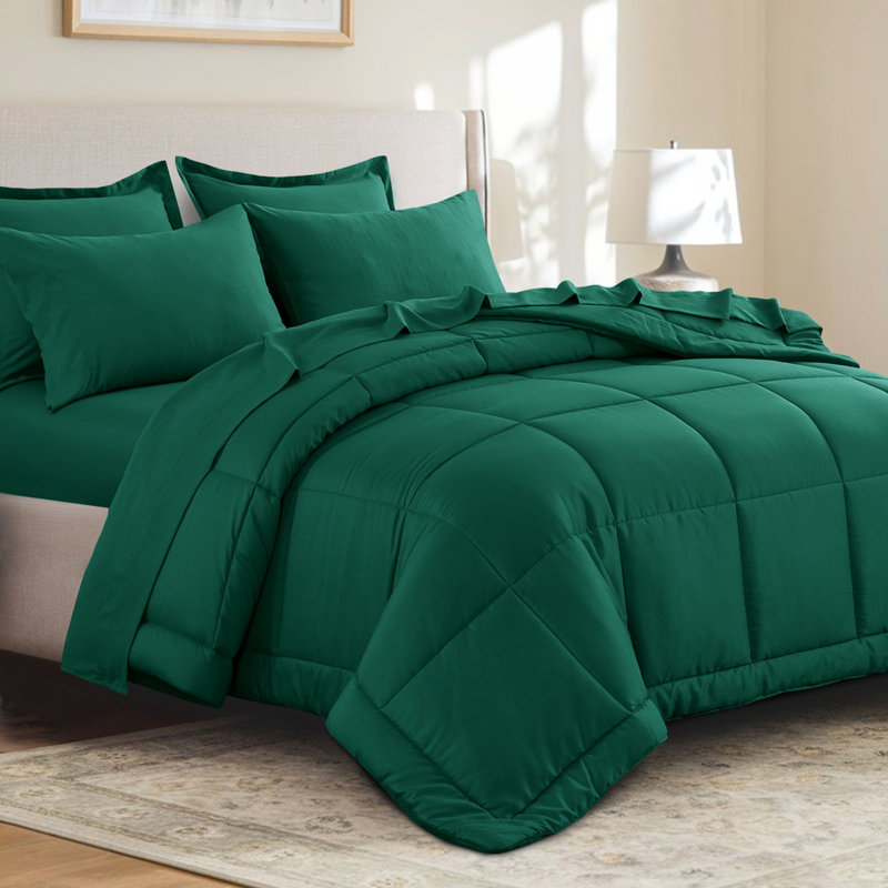 Ensemble d'édredon en microfibre 5/7-pièces , Édredon pour grand lit simple + 4 pièces supplé, Vert foncé