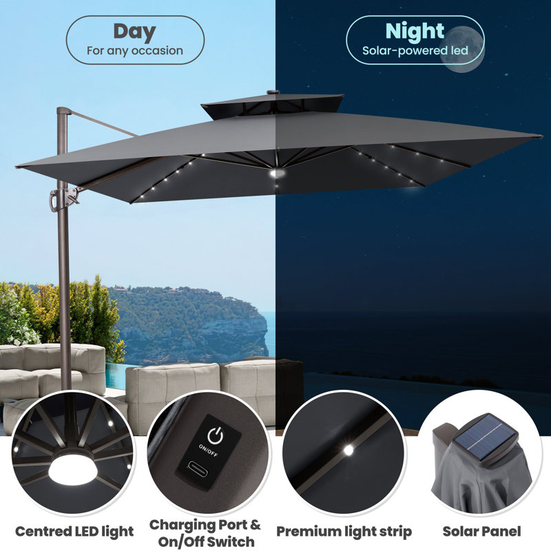  Parasol de patio en porte-à-faux 11 pi x 11 pi à DEL avec base en contrepoids, Gris foncé