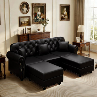 Mid-Century Modern 82.6" Upholstered Sofa With Nailhead Trim And 2 Ottomans, Faux Leather, Chesterfield Sofa With Button Tufted