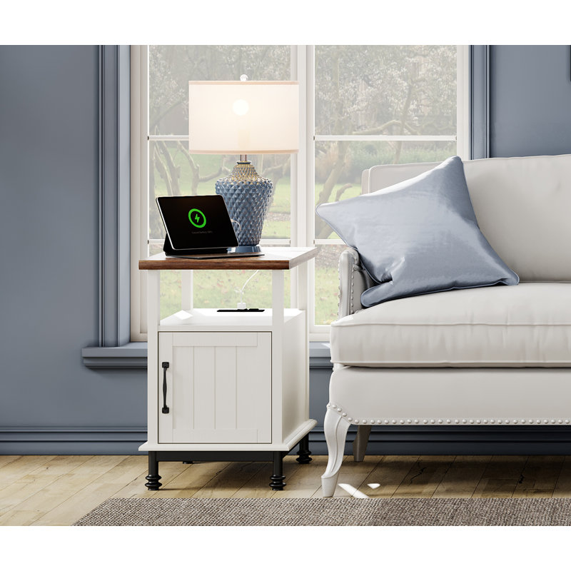 Modern End Tables With Charging Station, Individual, White/Brown
