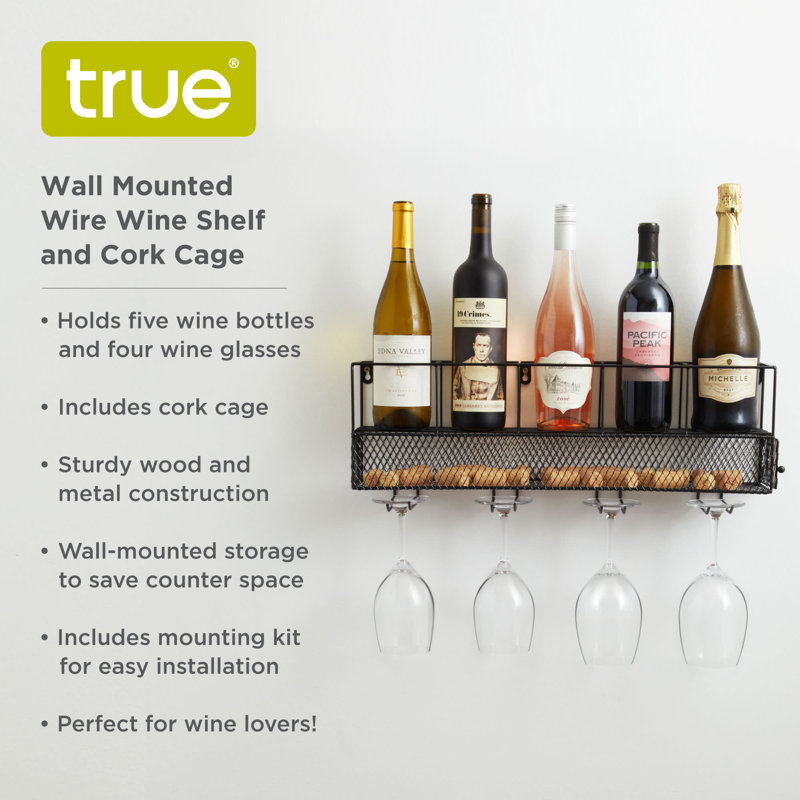 Black Wall Mounted Wire Wine Shelf with Cork Cage