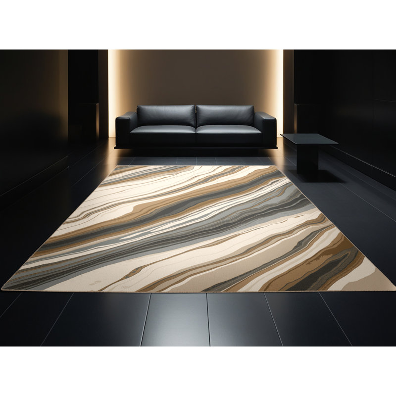 Tapis beige chic et luxueux lavable à la machine Manhasset - reliure beige, Carré 7 pi