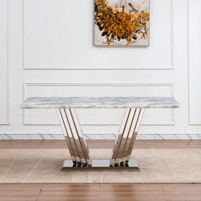 Modern Silver And Grey Marble Kitchen Table, 70'' Rectangle, High - Quality Materials Easy Assembly Rectangular Faux Dining Table With Stainless Steel