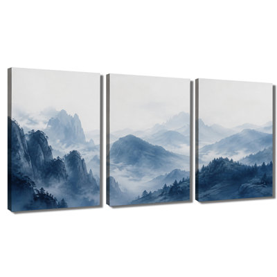 3‑panel wall art Blue Misty Chinese Mountain Landscape Wrapped Canvas Print