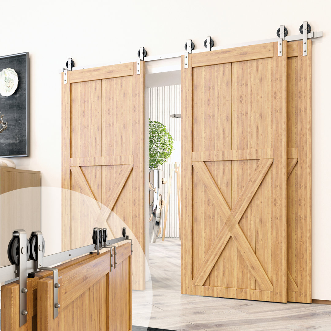 Brushed Nickel Spoke Wheel Design Single Track Bypass Three Doors Barn Door Hardware Kit Homacer Track 