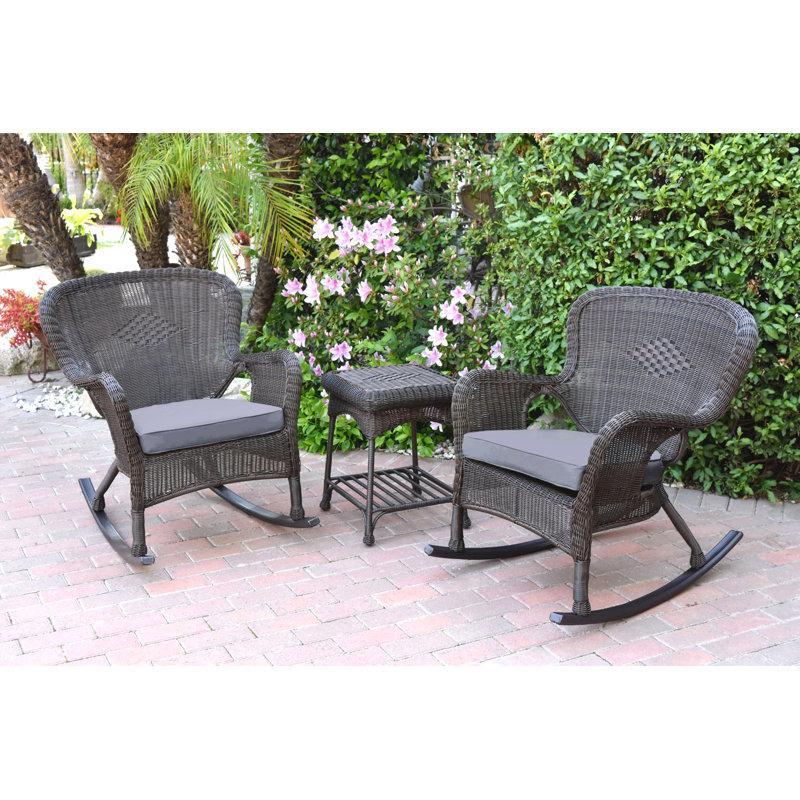 Windsor Resin Wicker Rocker Chair And End Table Set With Cushions, Espresso, Steel Blue