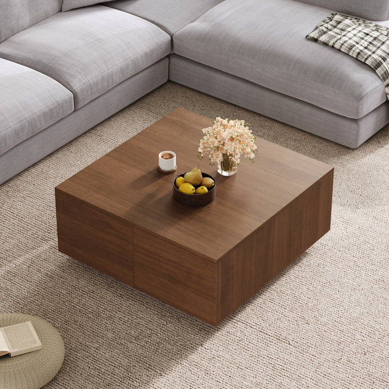 Table basse carrée avec rangement robuste à 4 tiroirs, table de style Mid-Century moderne, en noyer, Brun