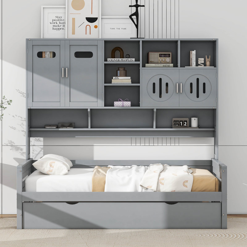 Lit plateforme avec lit gigogne simple, armoire et tablette tout-en-un, gris, Lit simple