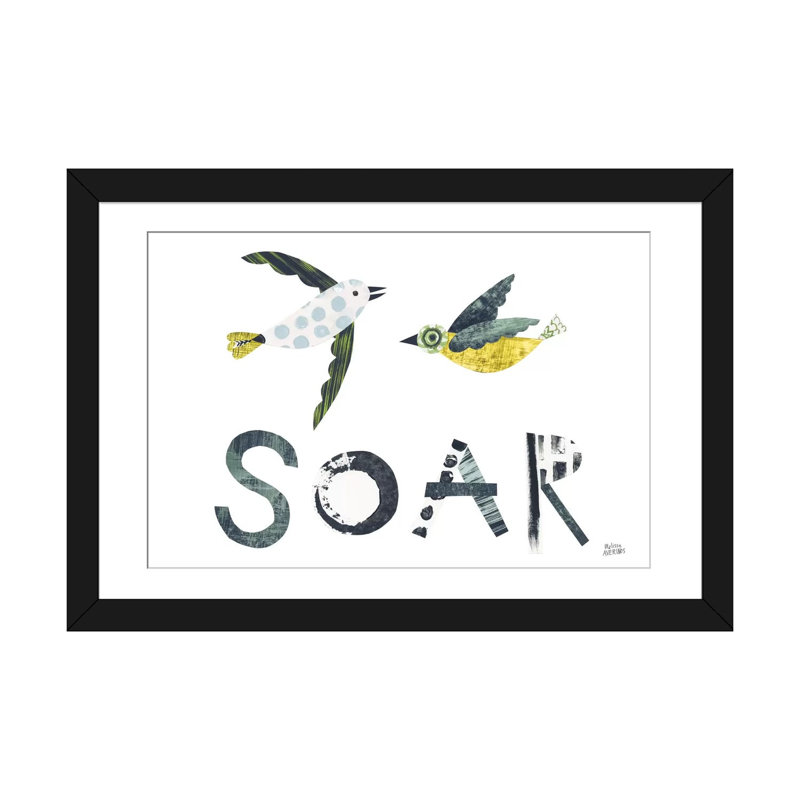 « oiseau words iv », art sur toile, H 16 po x l 24 po x P 1 po, Papier d'art encadré noir, Blanc