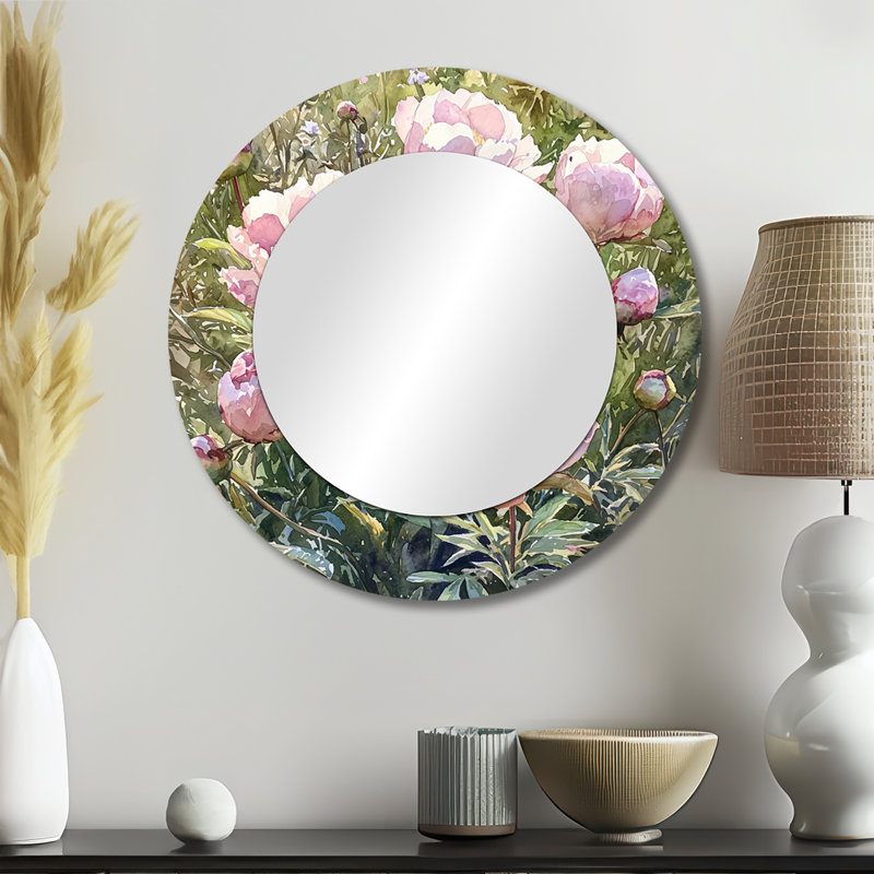 Pivoines dans le jardin de fleurs I - Art mural miroir décoratif floral - imprimé sur métal, 23 po x 23 po