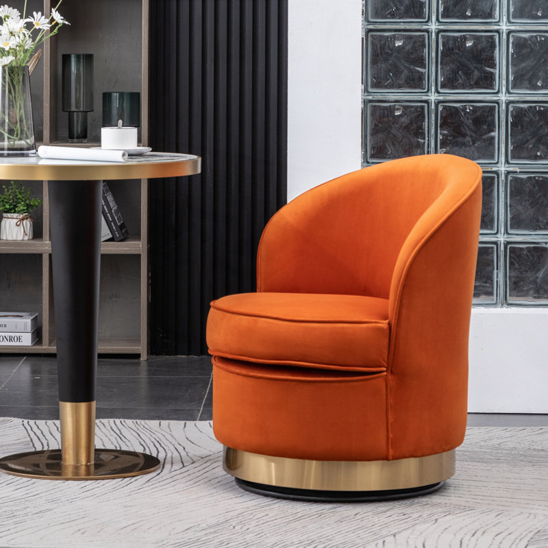 Velvet Upholstered Barrel Chair with Metal Base, Orange